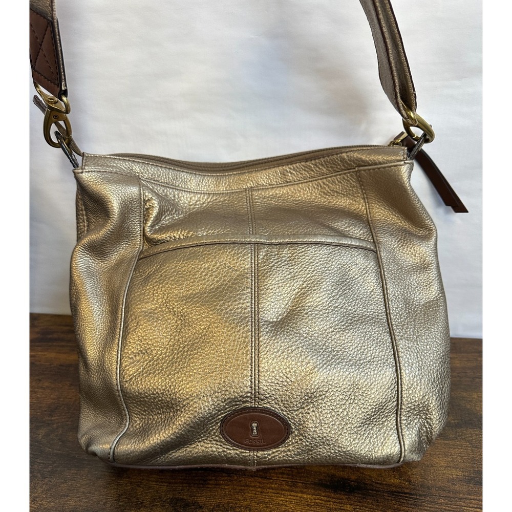 Fossil Metallic Bronze Pebbled Leather Utility Crossbody Bag Multi Pocket Large - Picture 13 of 16